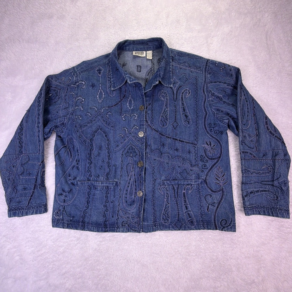 Vintage Chico Design Denim Jacket Embroidered‎ Art 100% Cotton Buttons Pockets